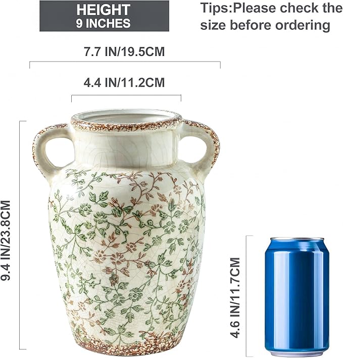 Enra Farmhouse Vintage vase with Handle,9.4 in Ceramic Chinoiserie Floral Vase,Green and Beige Decorative Flower vase,Large Rustic Vases for Home Decors, Living Room, Bookshelf, Office