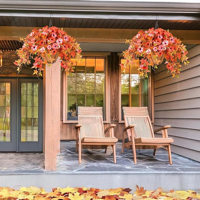 Artificial Flowers Hanging Basket Plants, Fake Petunias Fall Flower for Outdoor Decoration,Realistc Faux Silk Flower UV Resistant for Porch Patio Yard Garden Home Balcony (Double Orange)