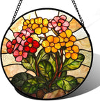 Stained Glass Window Hanging, Yellow Red Flowers Sun Catcher for Window Door Home Decor Green Plant Suncatcher Christmas Mother's Day Birthday Gifts for Women Men Mom and Nana 15 in