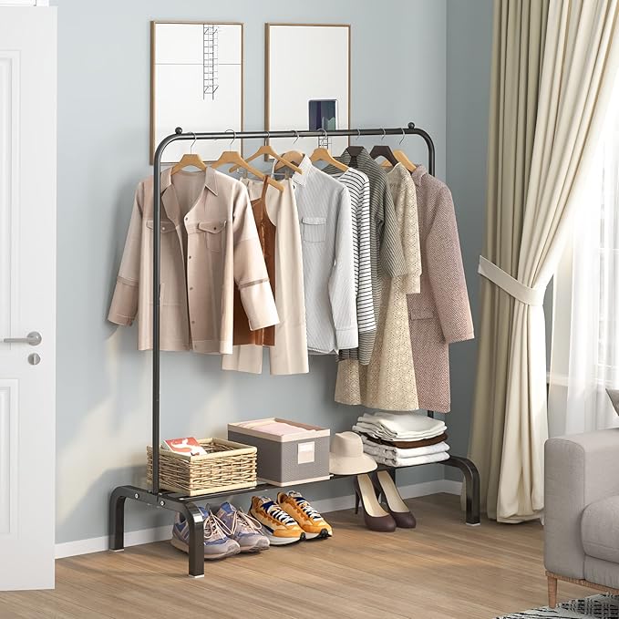 Clothes Rack Metal Clothing Rack with Bottom Shelf Garment Rack for Hanging Clothes Shirts Jeans and Coats Black