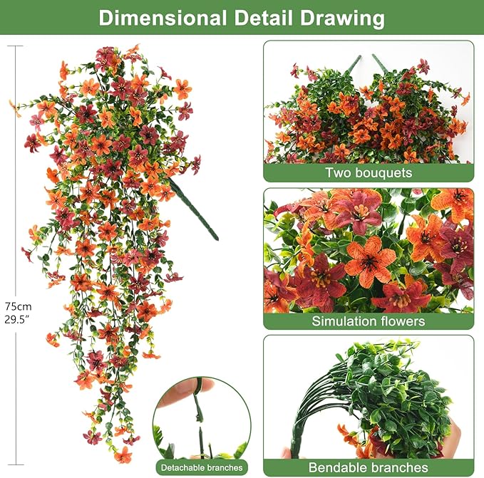Artificial Fall Fake Flowers for Outdoor Fall Decoration,2 Pcs Faux Hanging Flowers Outdoor Fall Decor,UV Resistant Look Real Faux Mums Silk Flower for Outside Home Porch Patio Yard Balcony Planter