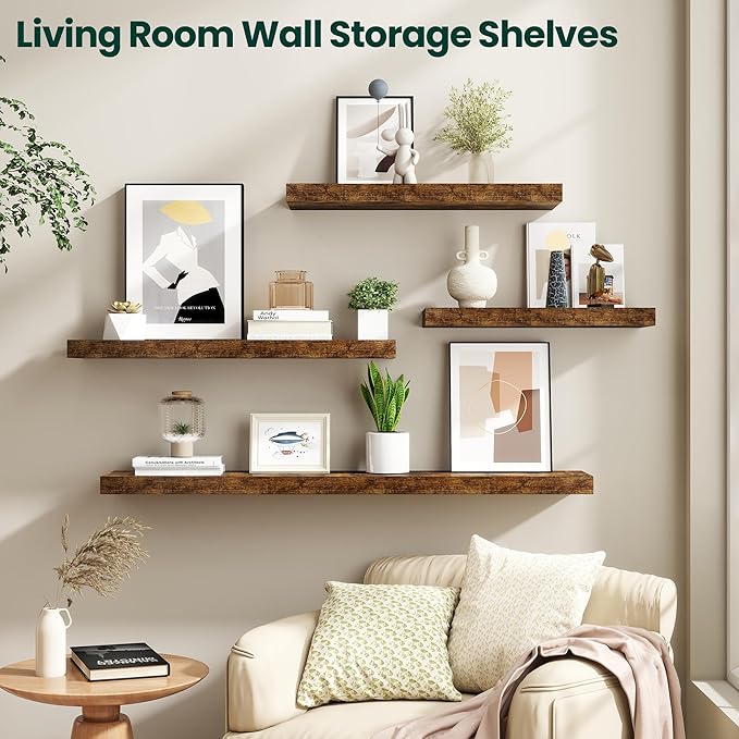 Floating Shelves for Wall 24 in x 9.3 in Deep, Wall Mounted Rustic Wood Shelf with Invisible Brackets for Storage & Display, Living Room Bedroom Bathroom, Brown, 2 Pack