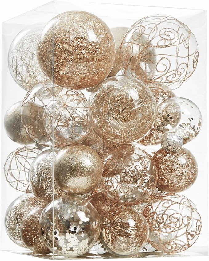Wironlst Christmas Ball Ornaments Shatterproof Clear Large Plastic Hanging Ball Decorative Baubles Set with Stuffed Delicate Decorations (Multi-Size, Champagne)