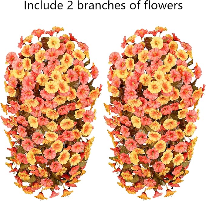 HyeFlora Artificial Fake Fall Hanging Flowers Plants for Outdoor Decor, 2PCS Faux Silk Fall Morning Glory Trailing Vines UV Resistant Look Real for Autumn Home Planter Porch Patio (Orange+Yellow)