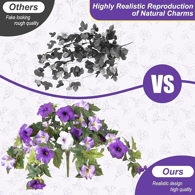 Artificial Hanging Fake Flowers with Basket Plants for Outdoor Decoration, Faux Silk Flower UV Resistant Morning Glory for Home Porch Patio Garden Balcony Yard Look Real (Purple White)
