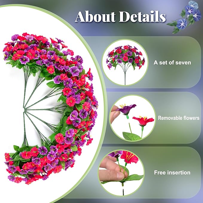 Artificial Fake Hanging Flowers with Basket, Faux Silk Morning Glory Flower Arrangement for Spring Summer Decor, Hanging Plant for Patio Garden Porch Outdoor Decor