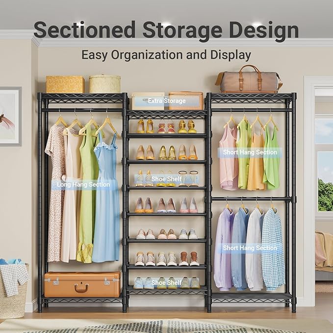 VIPEK S3 Heavy Duty Garment Rack Freestanding Clothes Rack Closet Storage Organizer Large Wardrobe with 6-Tier Shoe Rack, Hanging Rod, Adjustable Shelf, 68.9" L x 15.7" W x 76.4" H, Black