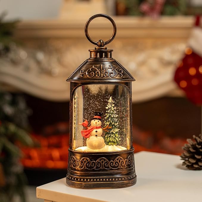 Christmas Snow Globe Lantern, Glitter Lighted Snowman Cardinal Snow Globe with Music,Musical Christmas Decorations USB and Battery Operated, Christmas Decor