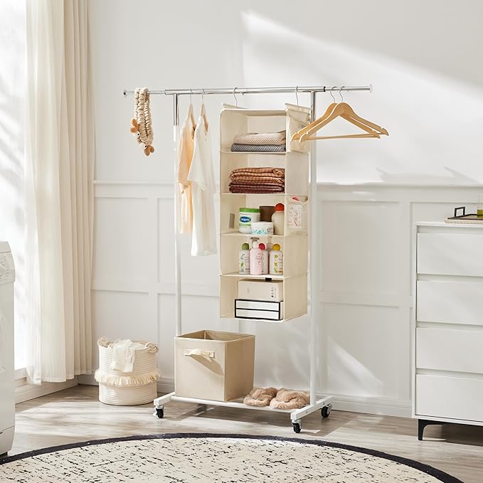 MAX Houser 5 Shelf Hanging Closet Organizer, Space Saver, Cloth Hanging Shelves with 4 Side Pockets, Foldable, Beige