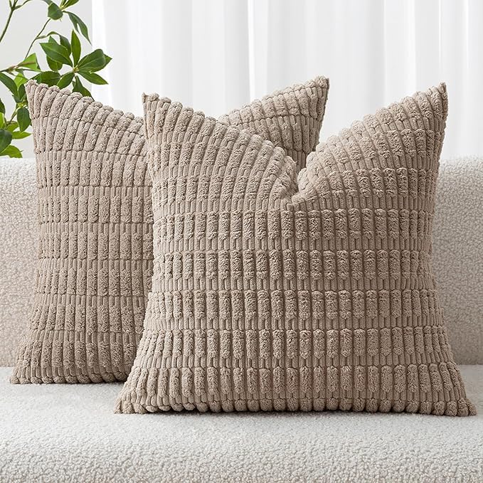 MIULEE Pack of 2 Corduroy Decorative Euro Sham Throw Pillow Covers 22x22 Inch Soft Boho Striped Pillow Covers Modern Farmhouse Home Decor for Sofa Living Room Couch Bed Light Brown