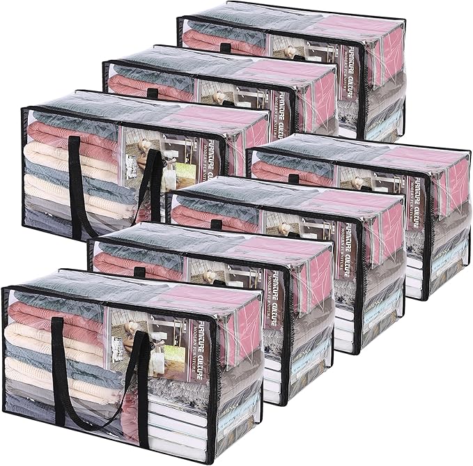 Vieshful 7 Pack Clear Comforter Storage Bag, 60L Clothes Storage Bag with Zipper Closet Organizer, Plastic Storage Containers Moving bags for Comforter, Blanket, Bedding, Duvet, Toys