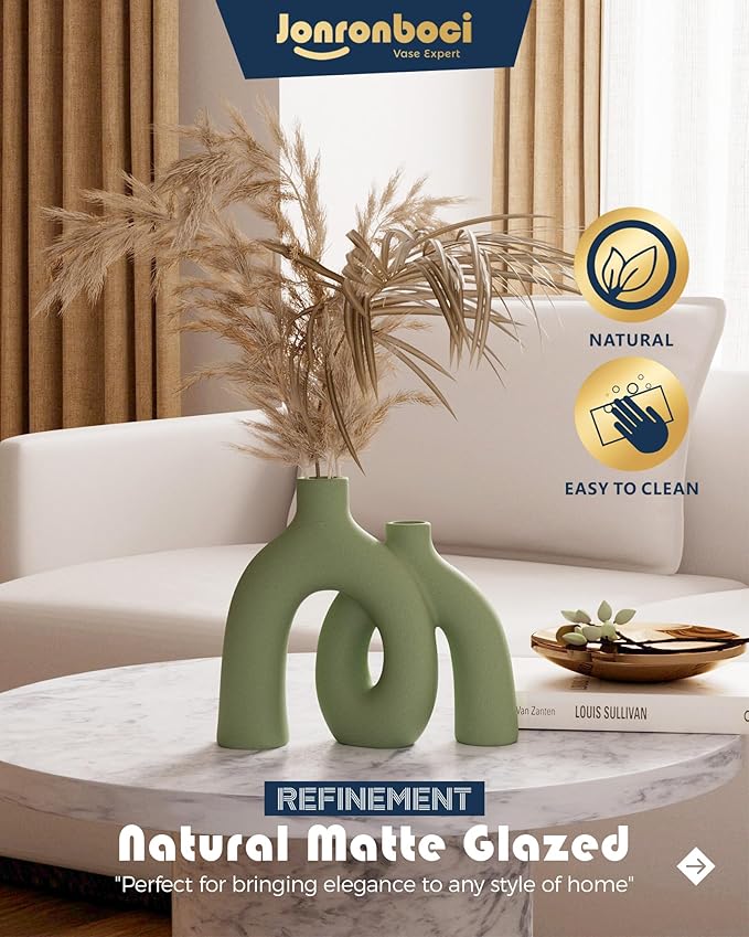 Hug Donut Decorative Vase Set - Sage Green Modern Nordic Boho Style Vases Home Decor,Matte Ceramic Decorations for Living Room Shelf, Bookshelf Mantle Entryway Table or Console Décor(Green)
