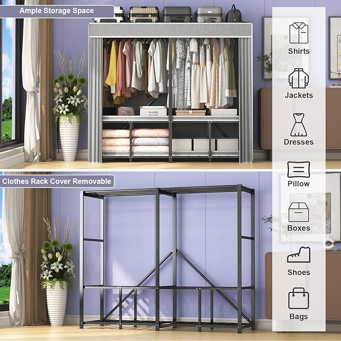 95% Assembled 66" L Clothes Racks for Hanging Clothes, Premium Metal Strong Heavy Duty Clothes Rack with Cover, Portable Foldable Freestanding Garment Rack, Black