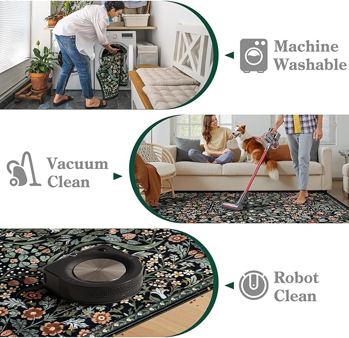 Moynesa Floral Area Rugs 4x6, Boho Washable Living Room Rugs, Non Slip Soft Rugs for Bedroom, Botanical Ultra Thin Entryway Throw Carpet for Kitchen Dorm Bathroom, Black