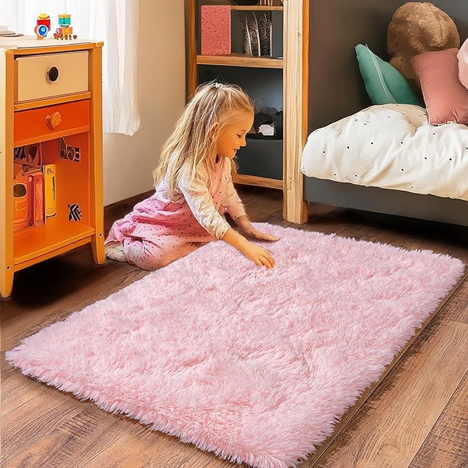 Small Area Rug, 2x3 Pink Rug for Bedroom Shaggy Throw Rugs for Girls Room, Soft Carpet for Kids Room, Plush Non-Slip Fluffy Bedside Rug for Living Room Nursery Dorm Home Decor