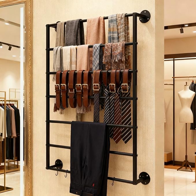 Wall Mounted Display Rack, 7-Layer Wrapping Paper Ribbon Organizer Scarves Tie & Scarf Rack Belts Towel Holder Necktie Hijab Stand Metal Shelving for Home, Retail Stores, Flower Shop