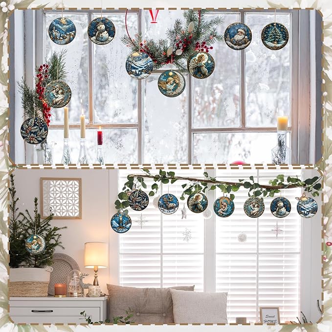 Suzile 36 Pcs Christmas Wooden Ornaments Navy Blue Christmas Tree Decoration Retro Round Nativity Scene Snowman Ornaments Vintage Xmas Hanging Decoration for Farmhouse Home Wreaths Winter Party