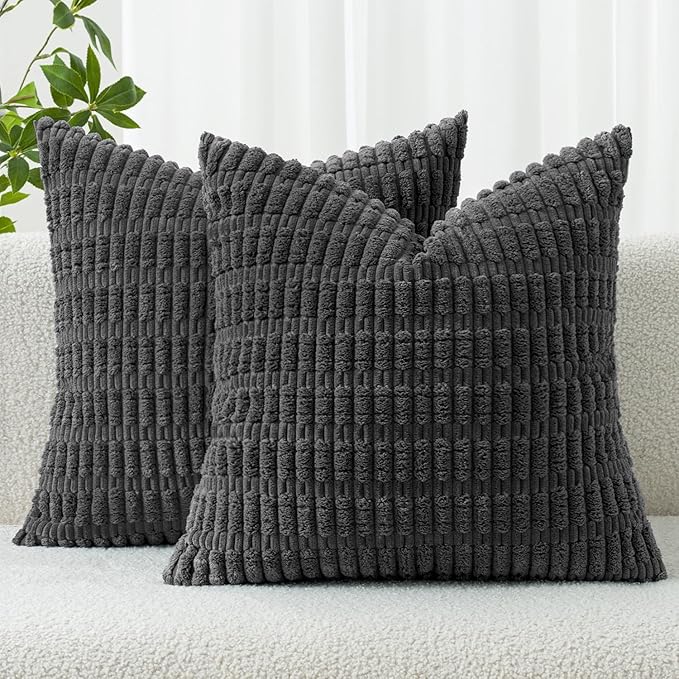 MIULEE Pack of 2 Corduroy Decorative Throw Pillow Covers 16x16 Inch Soft Boho Striped Pillow Covers Modern Farmhouse Home Decor for Sofa Living Room Couch Bed Dark Grey