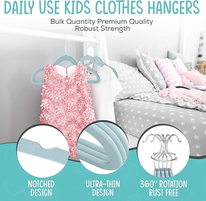 50 Premium Kids Velvet Hangers - 14" Non-Slip Ultra Slim Space-Saving Clothes Hangers with 360° Swivel Hook - Strong & Durable Hangers for Children & Preteens Wardrobe - Blue