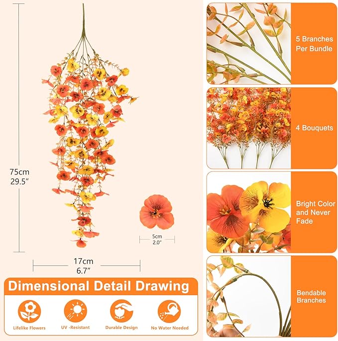 Artificial Fall Flowers for Outdoor, 4 Pcs Faux Pansy Fake Mums Plant Hanging Flowers Outdoor Fall Decor, UV Resistant No Fade Silk Flower for Front Door Porch Planter Patio Yard Garden(Orange Golden)