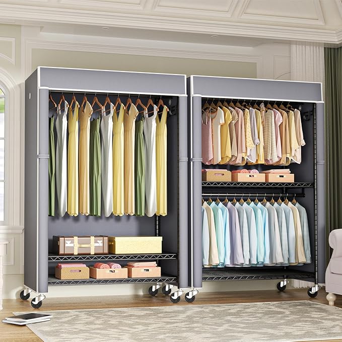 FUTASSI Black Clothing Rack with Grey Cover, P1C Plus Rolling Closets with Wheels, Metal Garment Rack for Hanging Clothes, Clothing Storage Wardrobe, 46" W x 18.5" D x 80.7" H, Load 524 Pounds