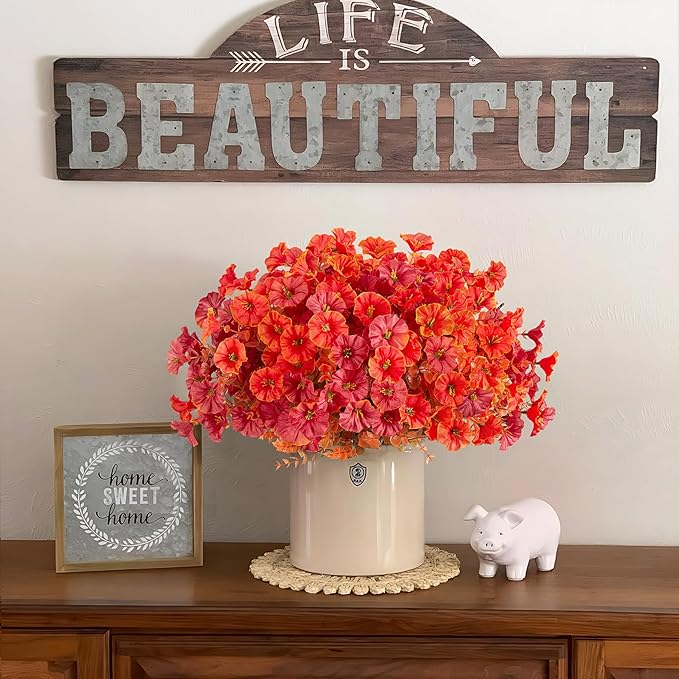 Fall Artificial Flowers for Decoration, 12 Bundles Fake Mums Autumn Flower Plants Petunias, Faux Silk Morning Glory Eucalyptus for Planter Garden Porch Front Door Window Box, Orange Red