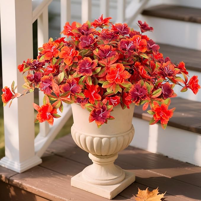 Fall Flowers Artificial for Decoration, Fake Silk Rhododendron Flowers for Outdoors, 2 Bundles Faux Azalea Outside UV Resistant No Fade Floral for Home Garden Balcony Walkway Wedding Party Decor