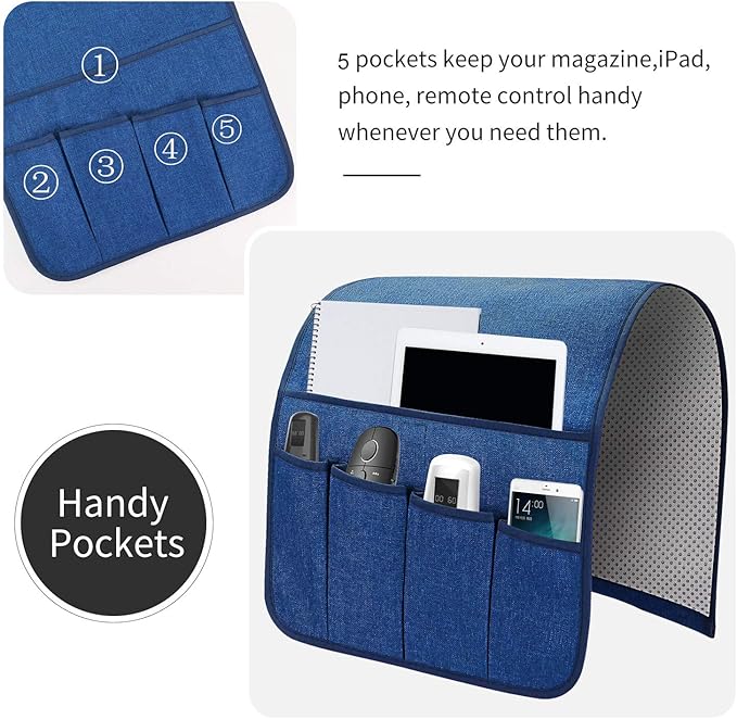 Sofa Armrest Organizer, Remote Control Holder for Recliner Couch, Arm Chair Caddy with 5 Pockets for Magazine, Tablet, Phone, iPad