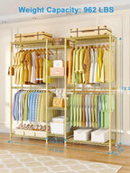 Ulif E4 Clothes Rack, Heavy-Duty Garment Rack, Metal Freestanding Clothing Organization Storage System Can Be L-Shaped with Shelves and Hangers, Max Load 962lbs, 71.6" W x 14.5" D x 79.3" H, Gold