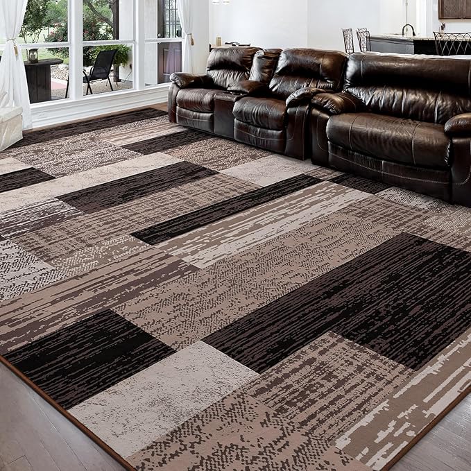 FlyDOIT Modern Geometric Patchwork Area Rug, 5x8 Chocolate Large Rugs for Living Room, Rockwood Collection Indoor Rugs for Bedroom, Throw Carpet Floor Decor for Entryway Dining Room Office Nursery