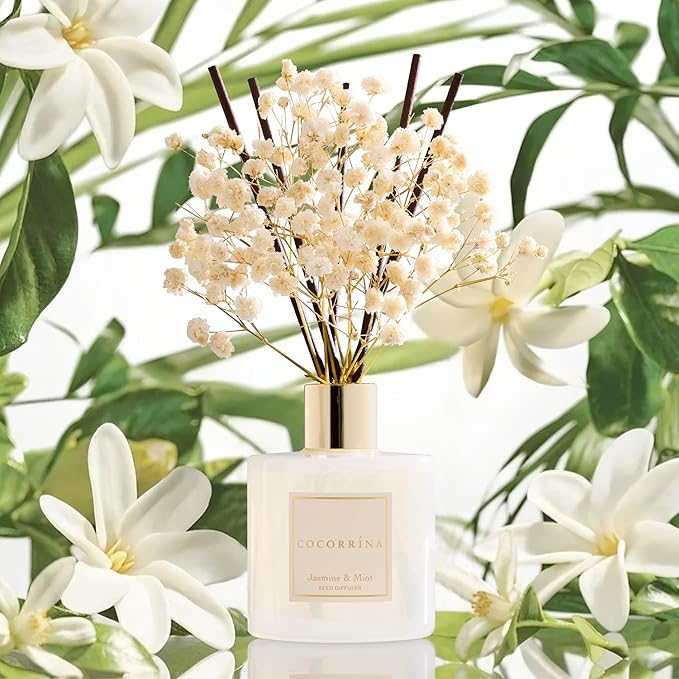 COCORRÍNA Reed Diffuser - Jasmine & Mint 6.7 Fl.oz Reed Diffuser Set with Sticks & Preserved Baby's Breath, Reed Diffuser for Home Bathroom Shelf Decor