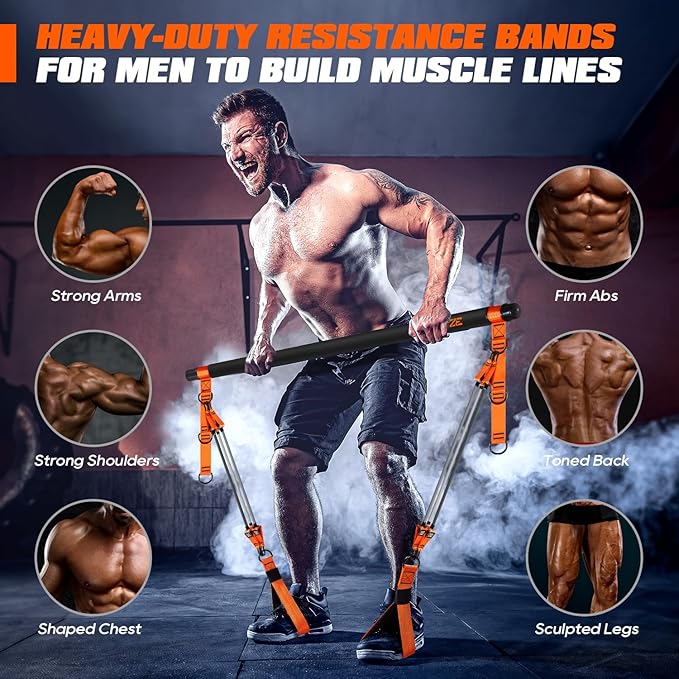 Pilates Bar Kit with Resistance Bands, Heavy Duty Pilates Equipment for Men, Training Bands with Handles for Legs, Hip, Back, Arm, Abs, Chest, Shoulders, Portable Home Gym Workout Equipment