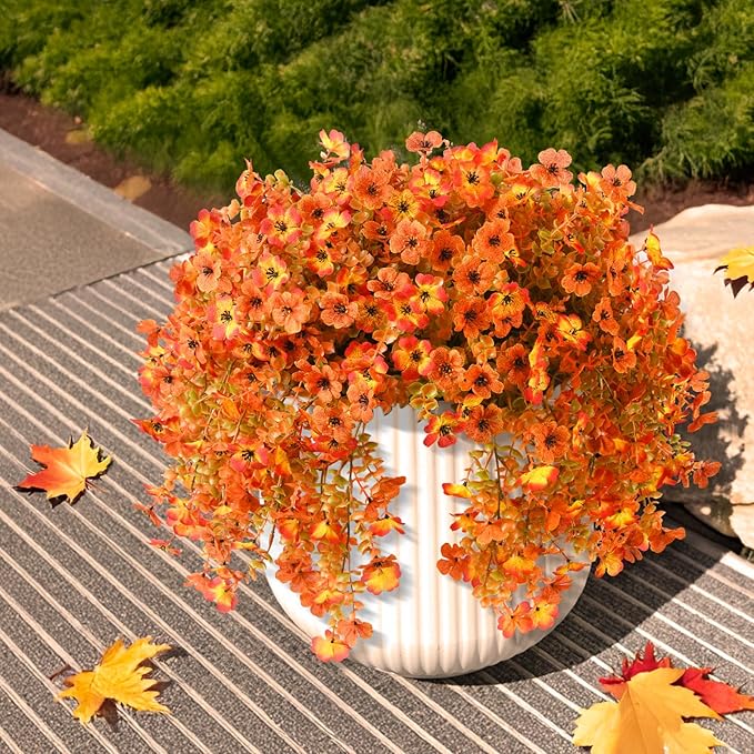 INQCMY Artificial Fall Flowers for Outdoors Realistic Faux Autumn Hanging Plants 2Pcs Fake Mums Fake Flowers for Porch Patio Outdoor Decor Home Decor UV Resistant (Orange Sunset Red)