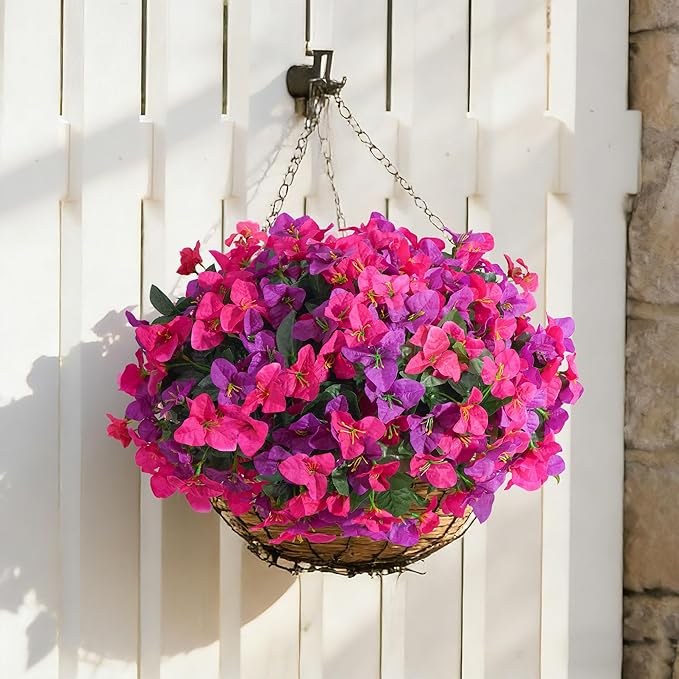 Faux Bougainvillea Artificial Spring Flowers for Outdoors, 4 Bundles Fake Bougainvillea Outdoor Plants Silk Flowers for Outside UV Resistant for Outdoor Planters Porch Patio Window Box Garden Decor