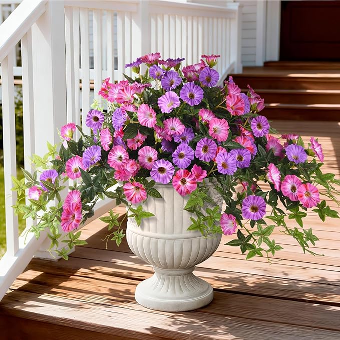 Artificial Fake Flowers Plants for Outdoors Spring Decoration, 2Pcs Faux Petunias with Greenery UV Resistant No Fade, Realistic Silk Flower for Outside Patio Planters Porch Window(Purple Fuchsia)