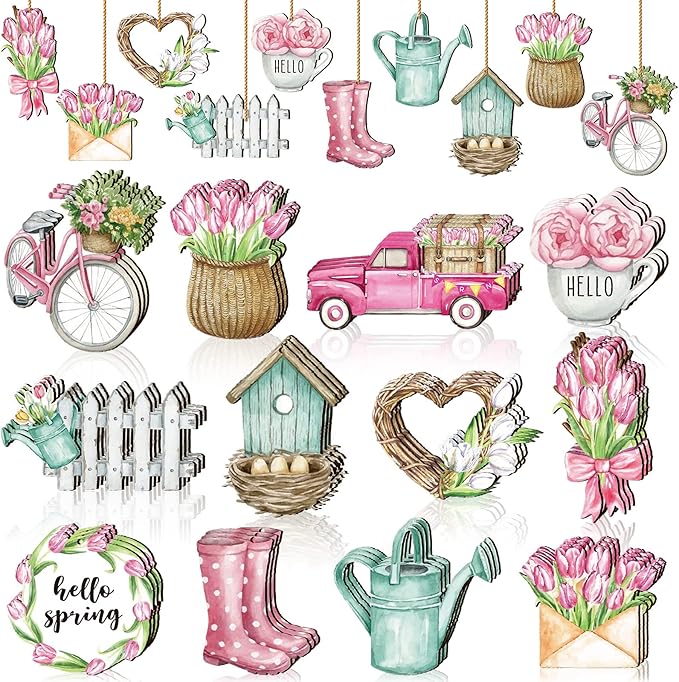 Maitys 36 Pcs Spring Flower Wooden Ornaments Sunflower Tulip Easter Tree Decoration Floral Gnome Hanging Wood Cutout Pastel Spring Decor for Home Small Tree Party(Sweet)