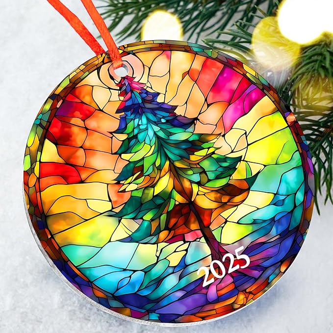Jabihome Christmas Ornaments 2025, Exchange for Women, Men, Collectible Dated Year Ornaments for Tree, Unique Acrylic Suncatcher, Printed Stained Glass Effect Decor (Christmas Tree)
