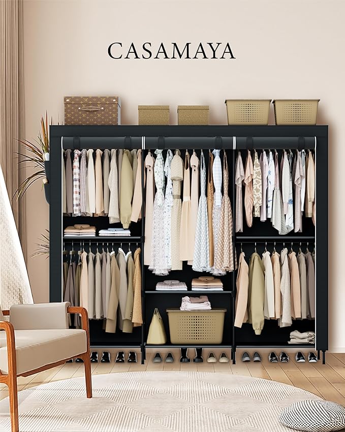 Portable Closet, 81.5 Inch Extra Large Capacity Wardrobe Closet with Cover, Clothes Storage Organizer with Shelves and 5 Hanging Rods, Easy to Assembly, Black PCT136B01