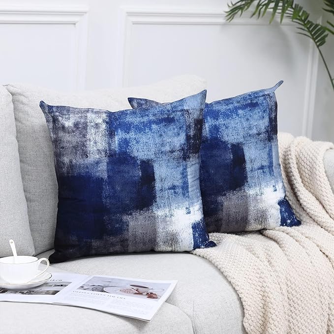 Dark Blue Abstract Art Artwork Pillow Cover, Gallery Modern Decorative Throw Pillows Cushion Cover for Bedroom Sofa Living Room 20 x 20 Inch Set of 2