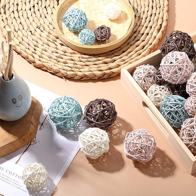Patelai 36 Pcs Wicker Rattan Balls Decorative Balls for Vase Centerpiece Bowls Orbs Filler for Home Decor,4 Sizes(Blue, Light Brown, Dark Brown, White,2.4'',2'',1.6'',1.2'')