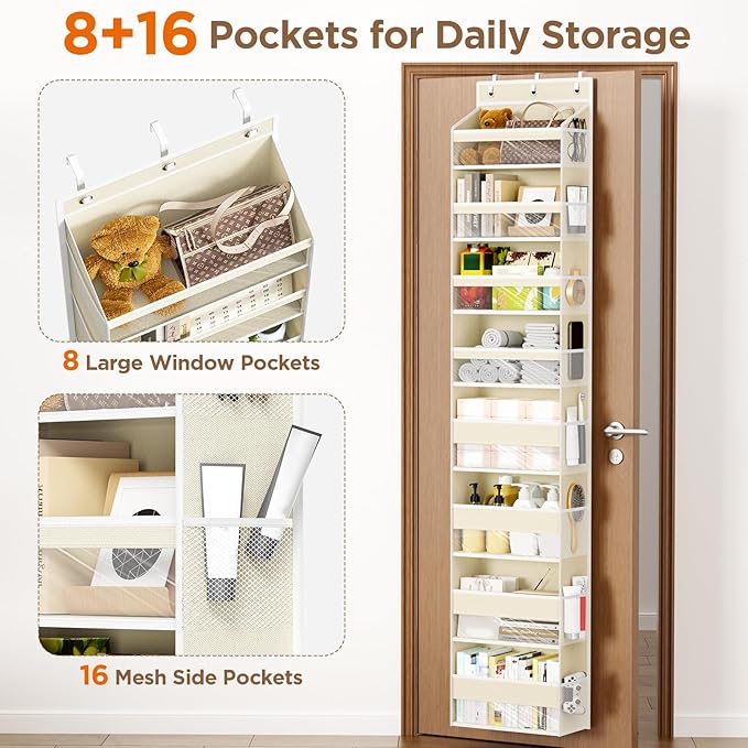 Over The Door Organizer, 8 Shelf Door Hanging Organizers with 8 Large Capacity Pockets, Back of Door Organizer Storage Hanging Shelves for Closet Bathroom Bedroom Nursery