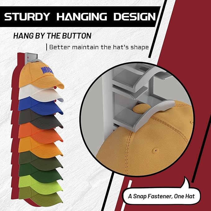 Hat Organizer Hold up to 10 Hats, Hat Rack for Wall with Strong Adhesive, Hat Organizer for Baseball Caps Display for Door Closet, Hat Hanger Holder Storage Multilayer Two Mounting Option(Black)