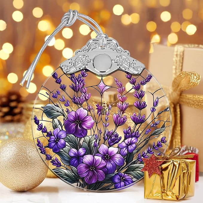 Touber Stained Glass Christmas Ornament, Purple Bauhinia & Violets, 3x3.5 Inch, Hanging, Christmas Tree Decoration