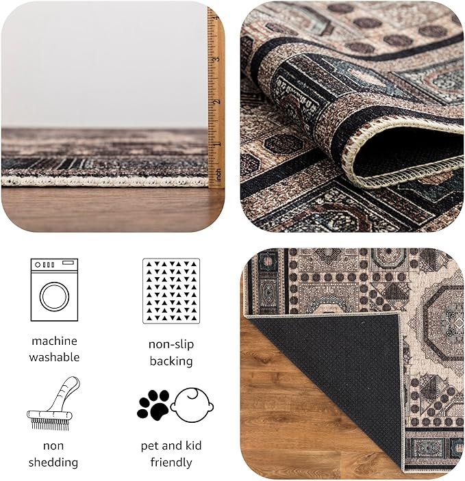 Keen Home Design 2x12 Rug - Machine Washable Runner Rug with Non-Slip Backing, Ideal for Hallway, Entryway, Kitchen, Laundry Room - Vintage, Easy Clean, Durable, Low Pile - (2'6" x 12')
