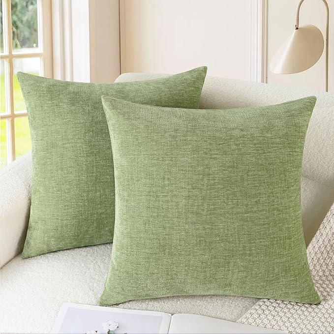 CaliTime Throw Pillow Covers Decorative 18 X 18 Inches Pack of 2 Cozy Chenille Cushion Cases for Couch Sofa Bed Living Room Home Sage Green