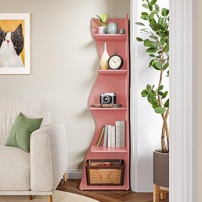 LITTLE TREE 70-Inch Corner Shelf, Seaweed Shaped Etagere Display Bookshelf, Freestanding 5-Tier Wall Shelves for Small Spaces, Living Room, Bedroom, Pink, 2 Pack