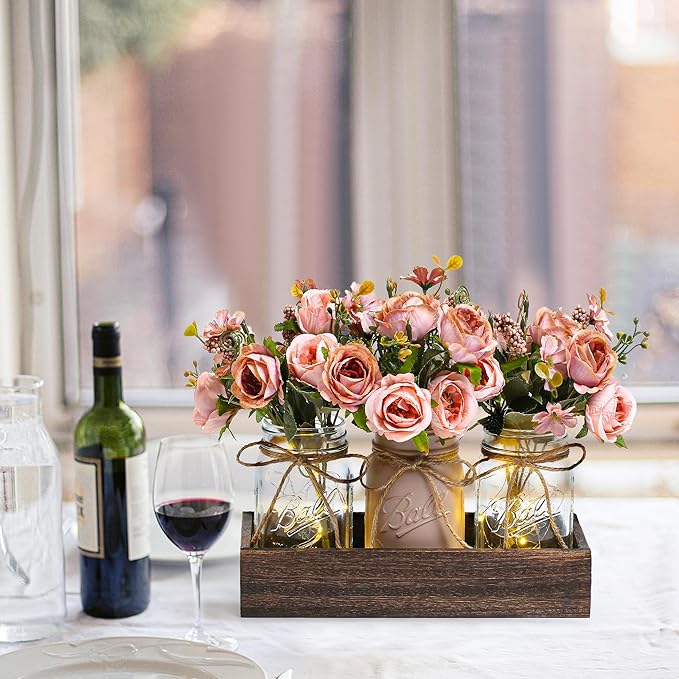 3 Pcs Mason Jar Centerpiece Table Decorations for Dining Table Decor Farmhouse Coffee Table Decor with Wood Tray and Led Light Table Centerpieces for Dining Room Kitchen Living Bathroom,Pink