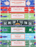 Satya Incense Sticks Gift Set, 7 Scents, Nag Champa, Dragon's Blood, Arabian Jasmine, Super Hit, Green Champa, Goodluck, Attract Money, 15g Each (Relaxation Mix)