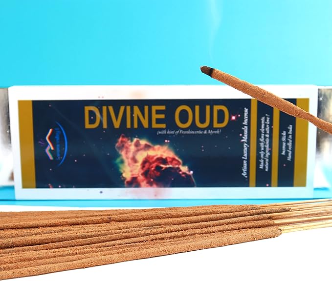 Divine Oud (Agarwood) Incense Sticks - Artisan Luxury Masala Incense - Agarwood with hint of Frankincense and Myrrh - Handcrafted - Divine Scent for Home, Meditation & Aromatherapy