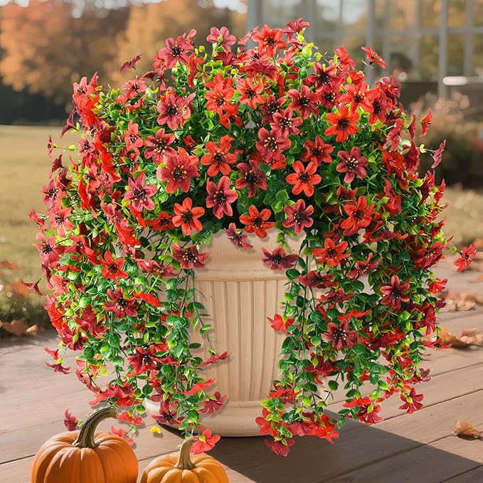 Artificial Hanging Flowers Plants for Outdoor Fall Decoration, 2 PCS Fake Silk Daisy Planter UV Resistant Look Real for Outside Patio Porch Home Autumn Decor (Red Brown)